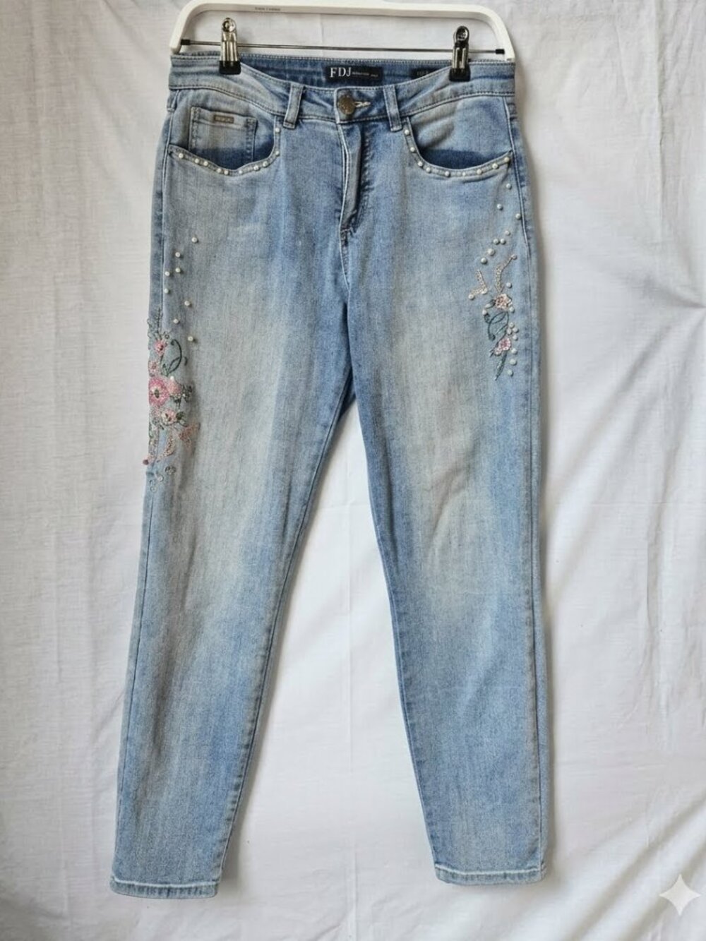 FDJ French Dressing Jeans Olivia Slim Ankle Denim Floral Embroidered Pearls Size